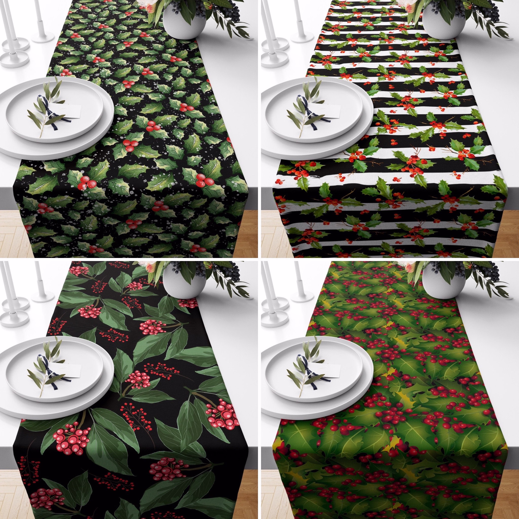 Red Berry Table Runner, Christmas Holly Tablecloth, Pine Decor, Floral Cotton Kitchen Linens, Jolly Gift