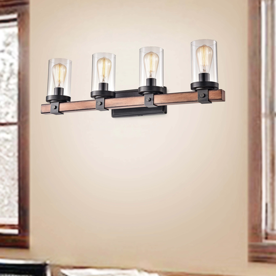 Cynthia Natural Wood 4-Light Glass Cylinder Antique Black Wall Sconce