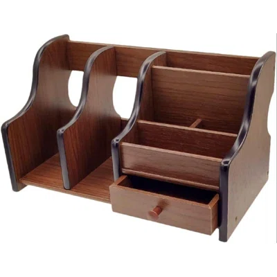 Wooden Office Supplies Desk Organizer With Drawer 6 Compartments Wood Desktop Storage Caddy Storage Holder Organizer For Mail, Pen Pencil (Brown & Bla