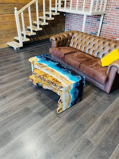 Office Home Table, Loft Style, Waterfall Epoxy Table Dining, Blue River Special Unique