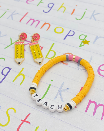 Teacher Pencil Bracelet| Heishi Stretch Beaded | Teacher Gift