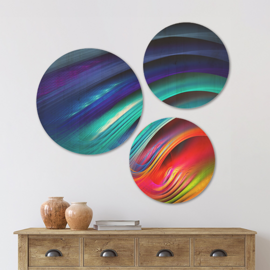Designart 'Beautiful Fractal Rainbow Waves' Floral Wood Wall Art Set of 3 Circles - Multi-Color