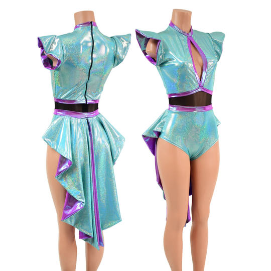 Seafoam Keyhole Style Flip Sleeve Siren Cut With Tuxedo Back Romper // Black Mesh Waist Panel & Plumeria Keyhole Trim - 157841