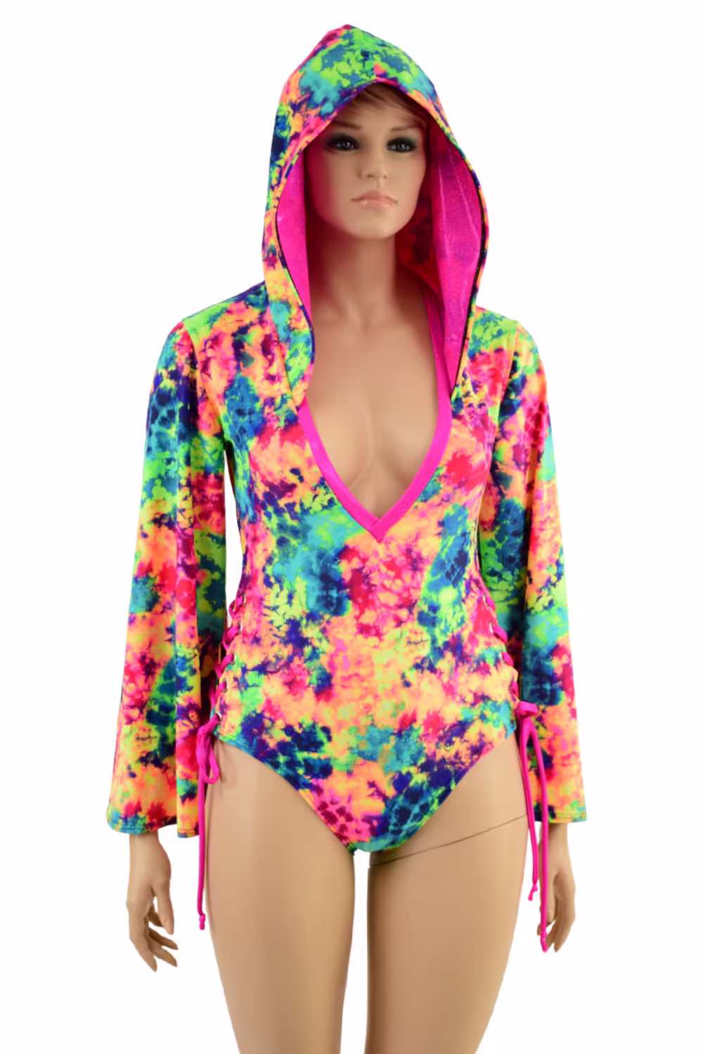 Acid Splash Hoodie Romper With Bell Sleeves, Hip Laceups, Siren Cut Leg, & Plunging V Neckline. Trim, Ties Hood Liner in Neon Pink Sj