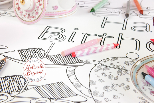 Tea Party Themed Birthday Decor Coloring Page Table Runner/First Decorations Kids Activities Children's Games