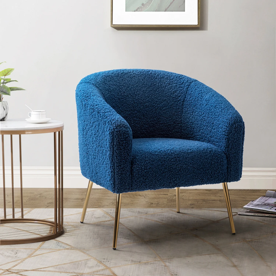 Modern Barrel Chair Fluffy Look Polyester Fabric Padded Seat Arm Chairs with Four Plated Metal Legs for Living Room Bedroom