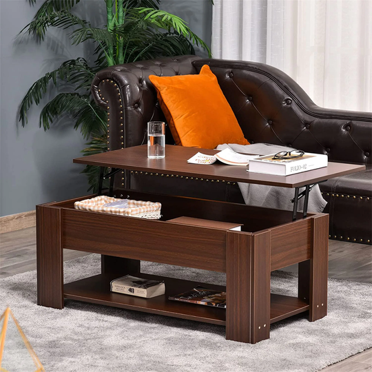 Lift Top Coffee Table W/ Hidden Storage, Solid Wood Table Rustic Brown