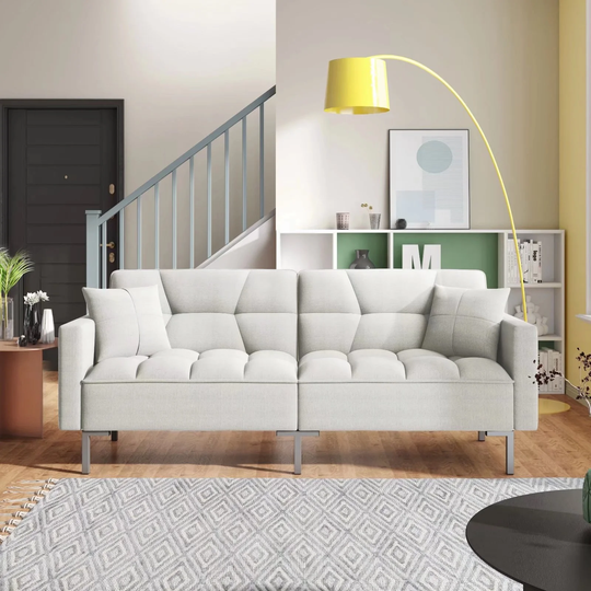 Modern Convertible Futon Sofa Bed, Folding Sleeper Sofa, Reclining Loveseat Couch with 3 Adjustable Backrests and 2 Pillows