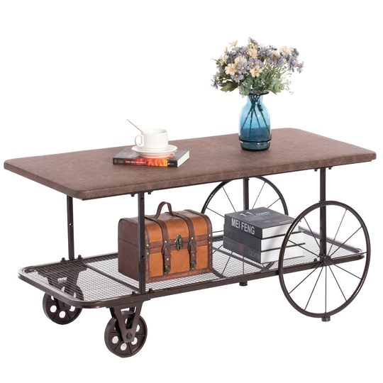 Industrial Wagon Style Coffee Table Rustic End Table Magazine Holder