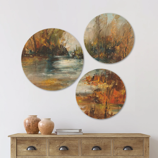 Designart 'Surface of Lake in Forest' Landscape Wood Wall Art Set of 3 Circles - Multi-Color