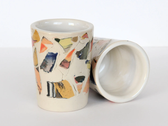Autumn Colors Nerikomi Tumbler, Colorful Marbled Mosaic Ceramic Cup, Contemporary Stoneware Abstract Cups, Blue Yellow Pink Red Collage Cups
