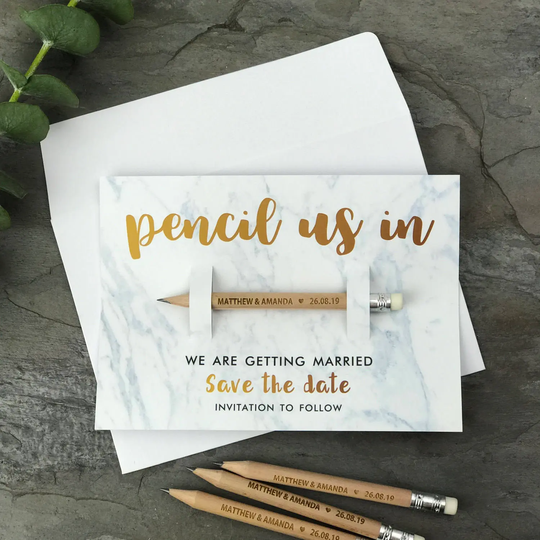 Save The Date Pencil Us In, Rustic Boho Wedding Invitations With Cards, Wooden Dates, Custom Personalised Engraved Invites