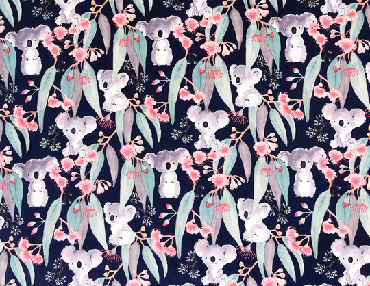 Baby Aussie Koala & Gum Flora Navy Blue Quilting Cotton Fabric By 1/2 Yard Or Fat Quarter, Australian Native Bush Animal Floral