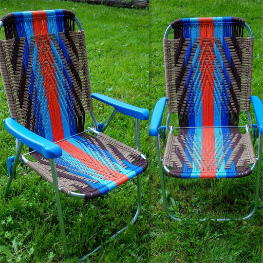 Handmade Macrame Lawn Chair in Bright, Bold Colors Blue, Orange, Unique Outdoor Furniture For Camping, Glamping, Or Van Life Forest Fathers