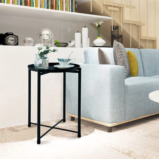 Round X-shaped Rods End Table Removable Top Metal Tray Side Table Small Coffee Table for Living Room,Bedroom,Small Space