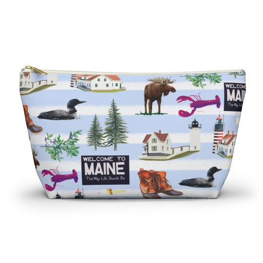 Maine Accessories Pouch, Makeup Bag, Pencil Case, Birthday Gift For Mom, Mainer, Bridesmaid Gift, Moose, Blue Stripe