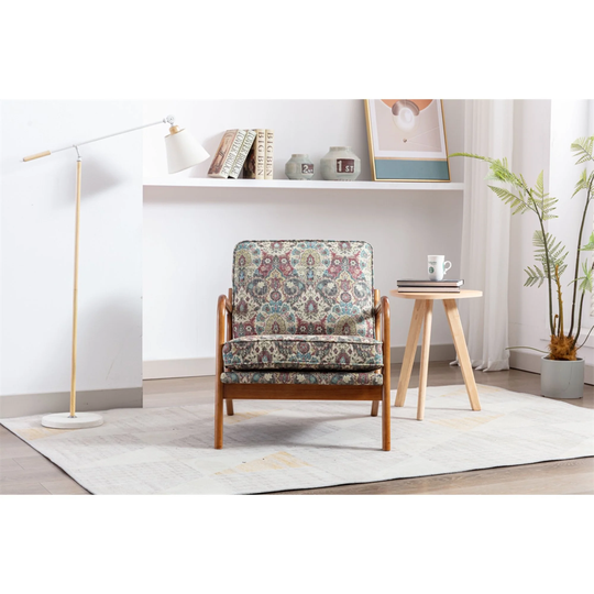 Lounge Arm Chair, Mid Century Modern Accent Chair, Wood Frame Armchair for Living Room, Bedroom, Red Carpet Fabric