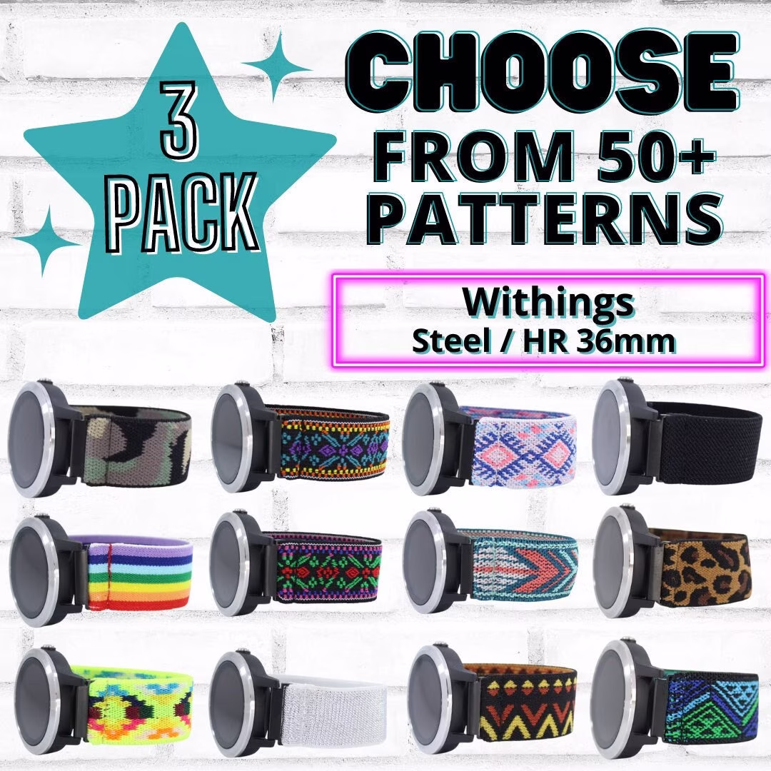 3 Pack - Elastic Watch Bands For Withings Steel/Hr 36mm with 18mm Adapters Choose Your Patterns 50+ Color Options Bundle Discount