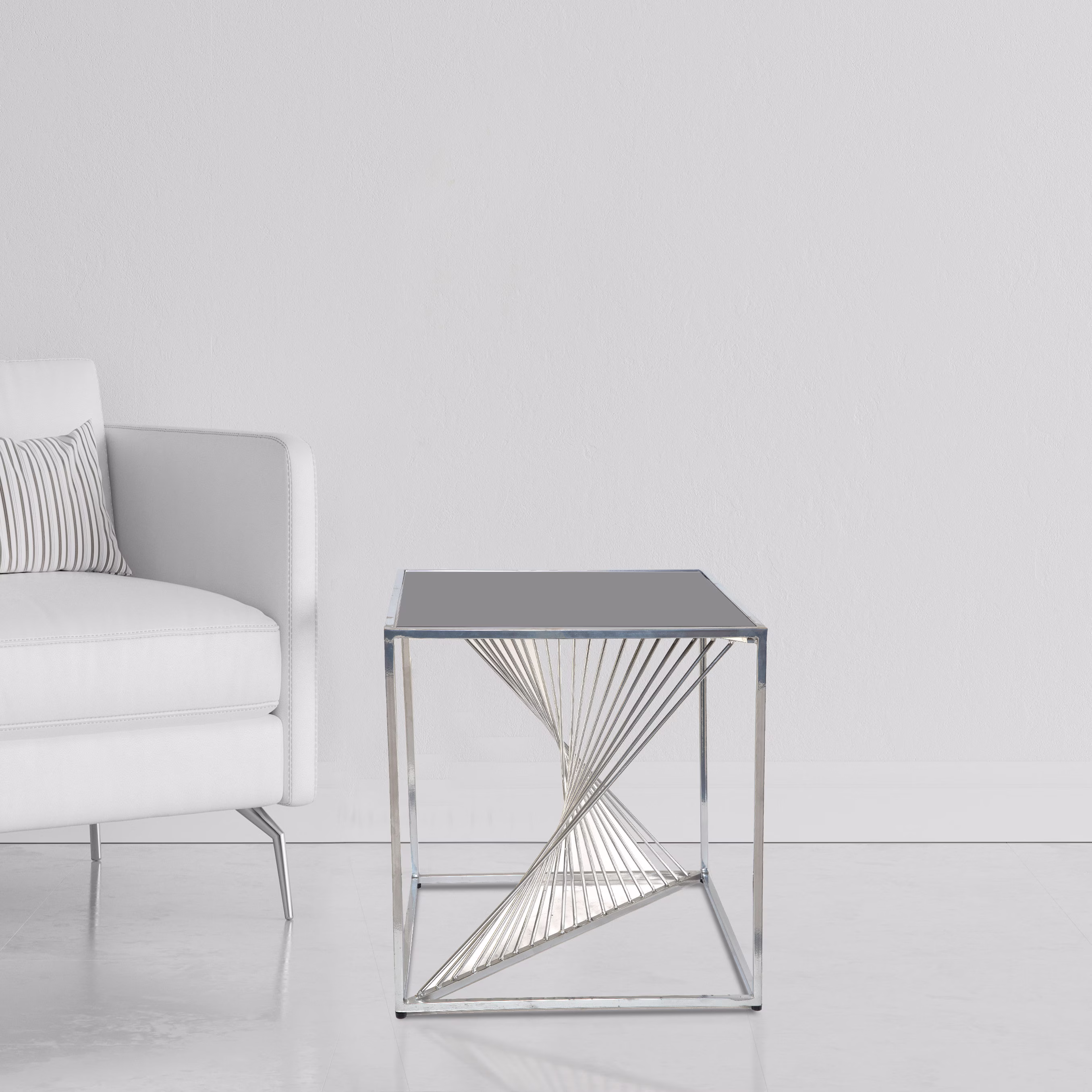 Square Side Table| Light Black Glass| Scratch & Chip Resistant Finish| Iron Glass| Nickel Powder Coated| Tempered 20x20x21