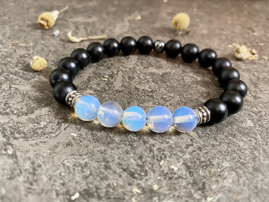 Black Onyx Opalite Beaded Bracelet, Energy Protection Grounding Bracelet, Jewelry, 8mm Gift, Empath Bracelet
