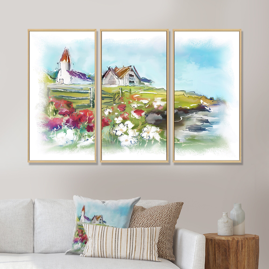 Designart 'White Buildings On Colorful Green Meadow' Country Framed Canvas Wall Art Set of 3 - 4 Colors of Frames