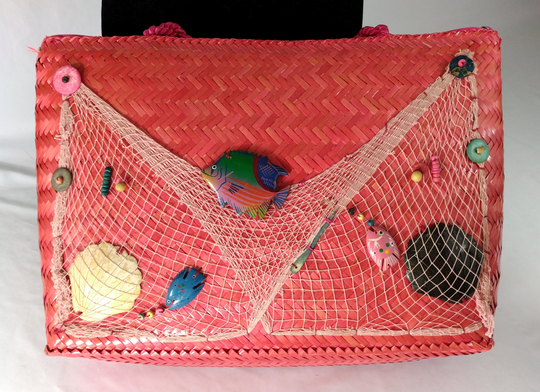 60's 70's Purse Women's Colorful Sealife Red Woven Straw Painted Fish Shells Carved Stone Lined Vacation Excellent Condition Vintage Rare