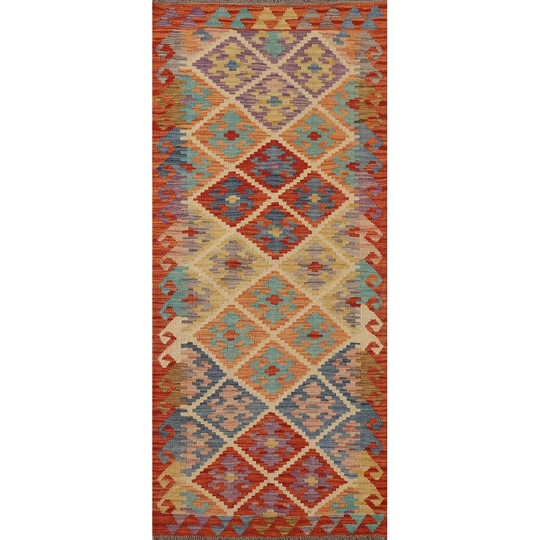 Reversible Kilim Area Rug Hand-woven Multi-Color Wool Carpet - 2'7" x 6'5"