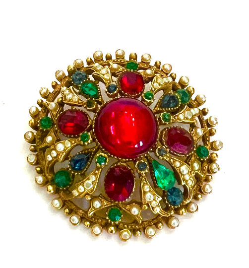 Capri Multi-Color Round Brooch Mogul Colors Ruby Red Emerald Green Sapphire Blue Glass Stones Faux Pearls Gift For Her