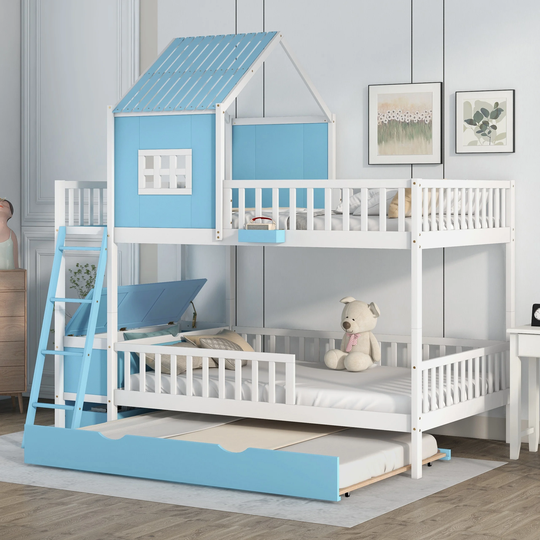 Yellow Playhouse Full over Full Wood Bunk Bed with Removable Wheeled Twin Trundle and Drawer / Storage Box / Guardrails / Window