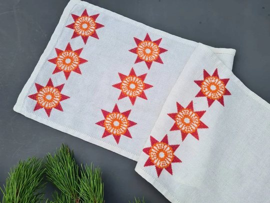 60S Danish Handmade Table Runner With Christmas Stars. Cross Stitch Embroidery. Scandinavian Design For Decoration. Cotton/Linen