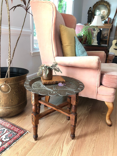 Vintage Morrocan Brass Tea Table, Wooden Folding Side Table With Decorative Tray, Round Coffee Tray