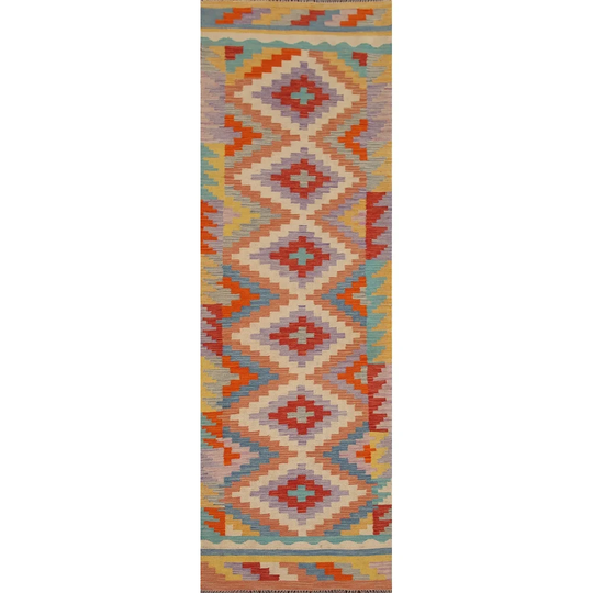 Geometric Multi-Color Kilim Runner Rug Hand-woven Oriental Wool Carpet - 2'8"x 9'11"