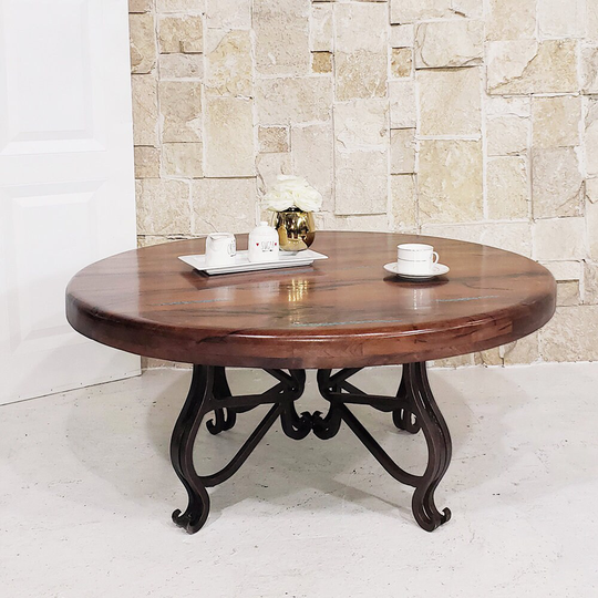 Solid Mesquite Wood Round Coffee Table = Vintage Iron Base. Mexports By Susana Molina