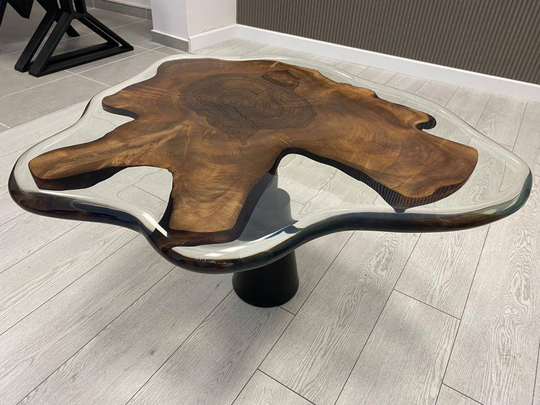 Walnut Round Clear Epoxy Coffee Table, Live Edge Dining Table, Round, Center Side