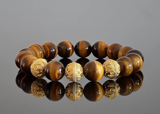Genuine Yellow Tiger's Eye & Gold 10mm 12mm Men's Luxury Beaded Designer Stretch Bracelet