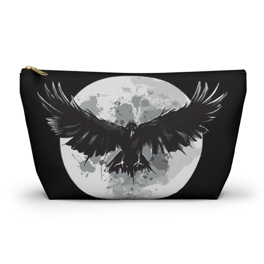 Gothic Full Moon Raven Makeup Accessory Pouch With T-Bottom | Goth Girl Witchy Crow Travel Bag School Pencil