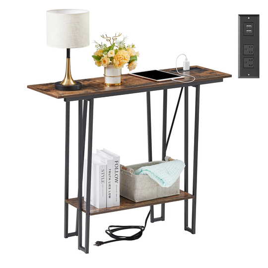 Console Table with Outlets, Sofa Table with Wood Shelves, Industrial Entryway Table Foyer Table
