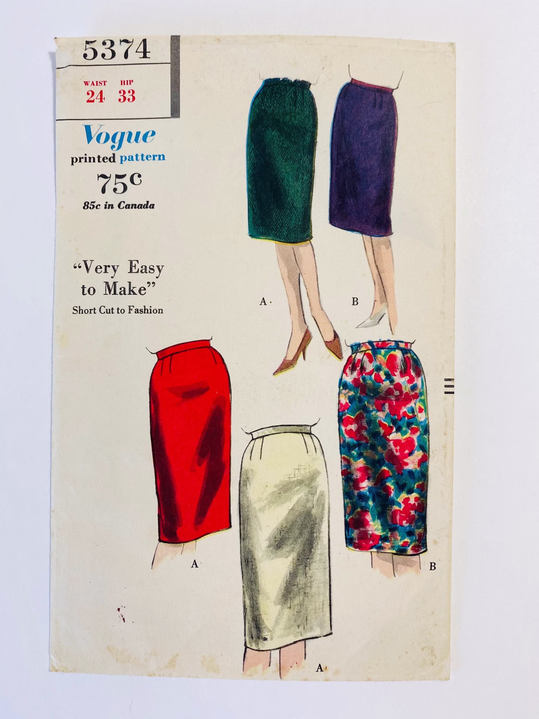 Vogue 5374 Waist 24" Vintage 1960S Sewing Pattern W24 1962 Pencil Skirt 60S A-Line Knee Length Midi