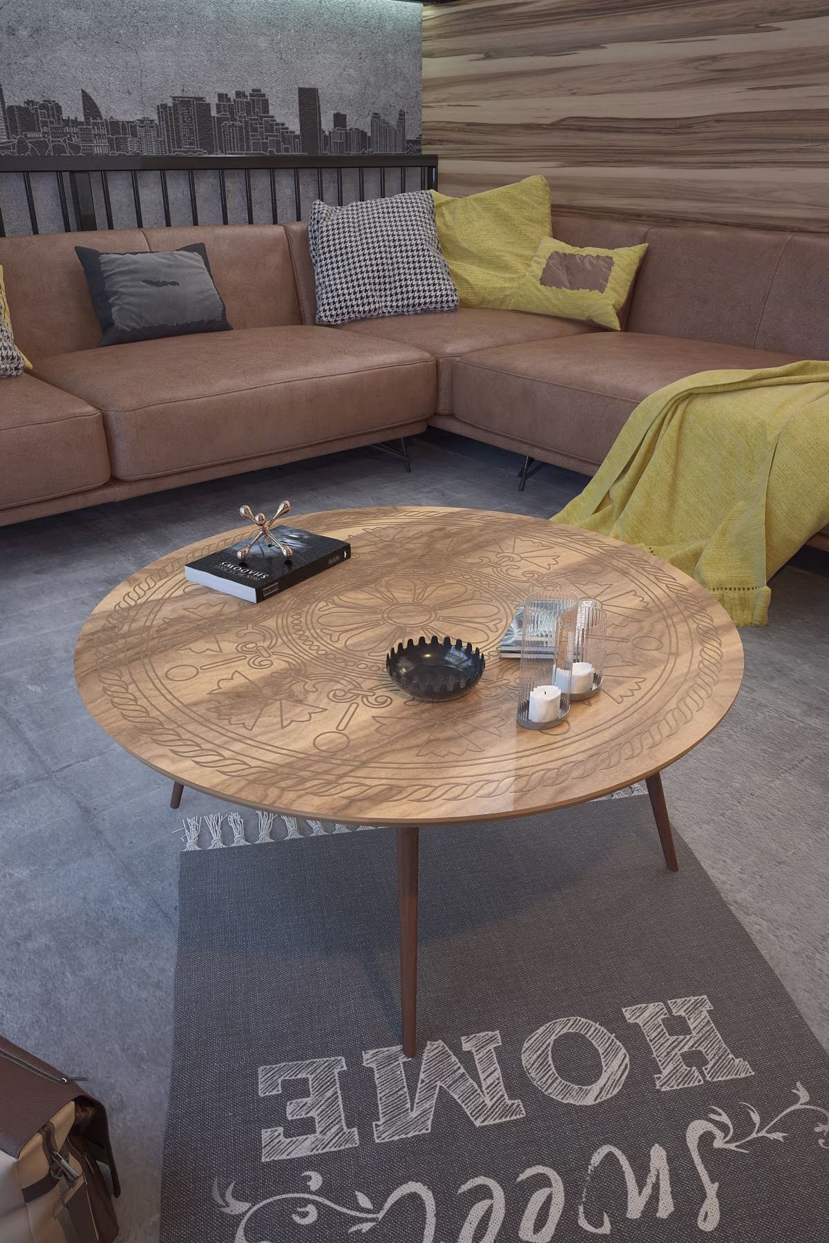 Round Wood Coffee Table Set/Walnut Modern Table/ Circle White Large Table/Farmhouse Table/Rustic