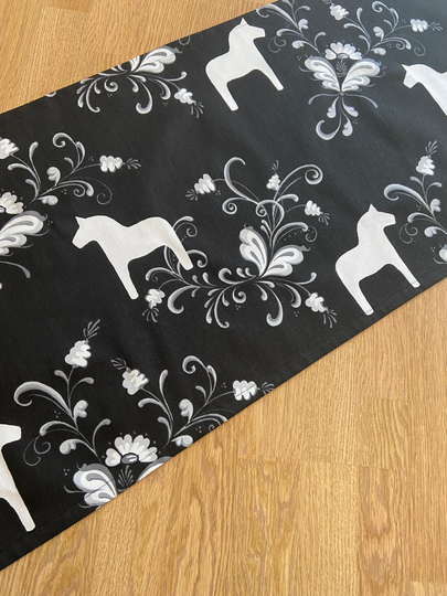 Cotton Table Runner Black & White Linen Modern Dala Horse Scandinavian Design