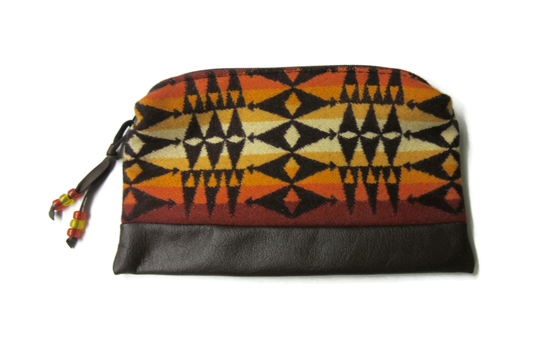 Zippered Brown Leather Pouch Pencil Case Cosmetic Bag Make Up Clutch Purse Blanket Wool From Pendleton Woolen Mills