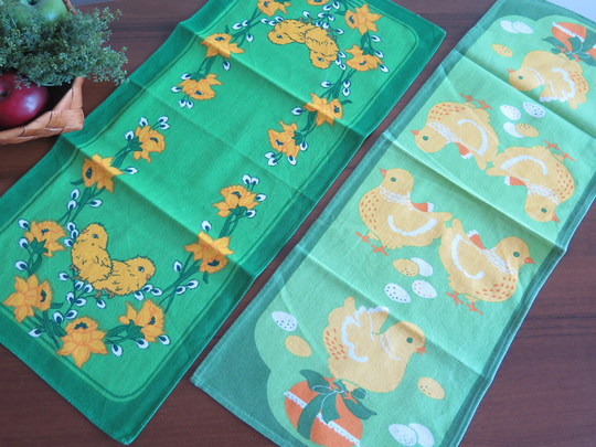 Easter Table Runners, Set Of 2, Cloths Scandinavian Home Interior, Chickens, Green Yellow #5-17-21