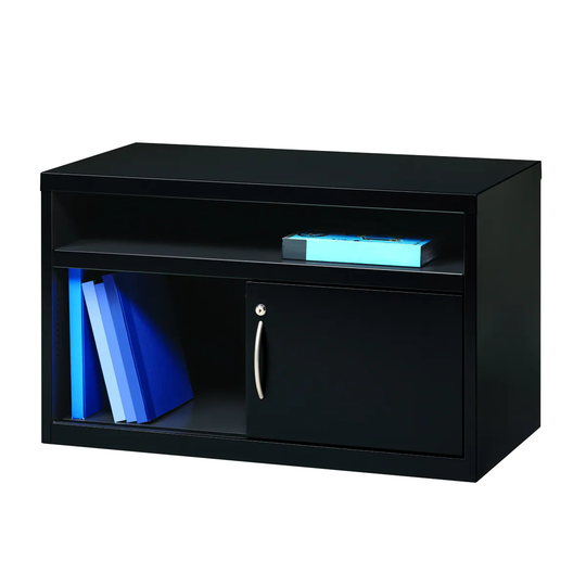 Hirsh 36" Wide Office Credenza, Open Shelf with Sliding Door, Black