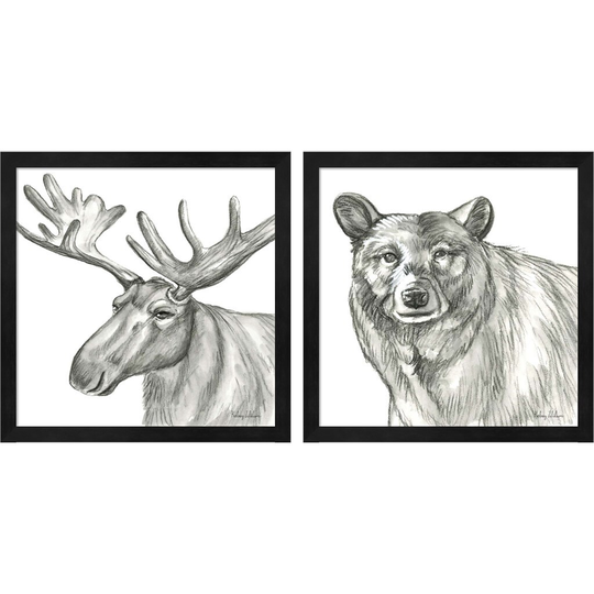 Kelsey Wilson 'Watercolor Pencil Forest (Moose & Bear)' Framed Art (Set of 2)