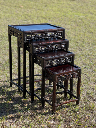 Asian Nesting Table, Rosewood Tables, Oriental Side Vintage Stacking Hand Carved Tables