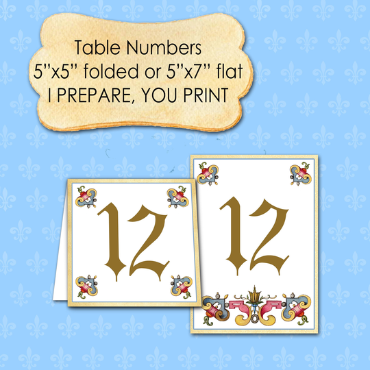 Printable Medieval Table Numbers/5" Folded Tent Card Or 5"x7" Flat Renaissance, Gothic, Illuminated, Theme Party Digital Files