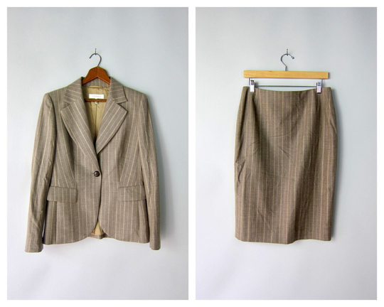 Two Piece Escada Wool Taupe Suit Set | Modern Women's Designer Blazer & Skirt Gold Pinstriped Jacket & Pencil - Cad