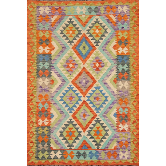 Multi-Color Reversible Kilim Area Rug Hand-woven Oriental Wool Carpet - 4'10"x 6'7"