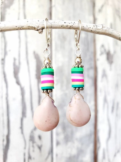 Cream & Multi Color Earrings. Howlite Dangle White Colorful Beadedvinyl Earrings.watermelon Earrings