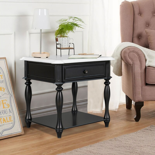 Classical End Table Side Table with Open Styled Shelf ,Side Table Drawer with Metal Handles for Living Room